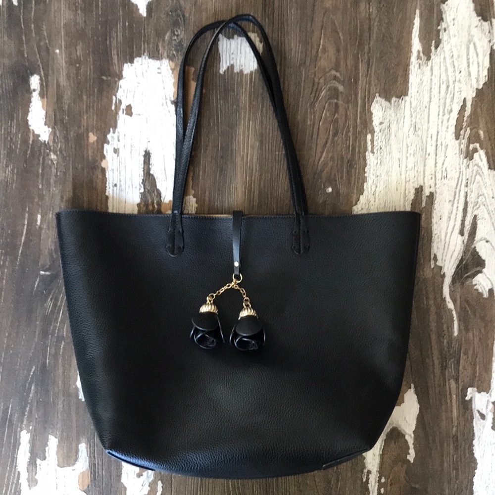 Women’s Black Leather Purse/ Bag Rose Tassel Gold